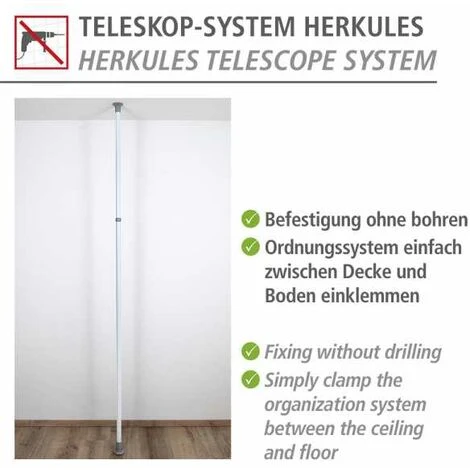 WENKO Barre Télescopique Herkules, Pièce Détachée Pour Système De Rangement Télescopique Herkules, Métal, Ø 7,5 X 165 - 300 Cm, Blanc 3 WENKO Barre Télescopique Herkules, Pièce Détachée Pour Système De Rangement Télescopique Herkules, Métal, Ø 7,5 X 165 - 300 Cm, Blanc – Image 3