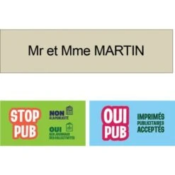 Plaque Boite Aux Lettres Personnalisée Adhésive Au Format 100x25mm - Beige Lettres Noires - 1 Ligne + Sticker Stop Pub
