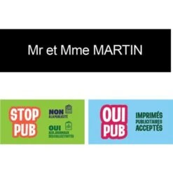 Plaque Boite Aux Lettres Personnalisée Adhésive Au Format 100x25mm - Noire Lettres Blanches - 1 Ligne + Sticker Stop Pub