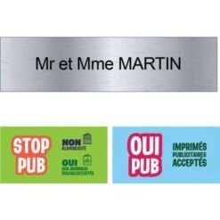 Plaque Boite Aux Lettres Personnalisée Adhésive Au Format 100x25mm - Argent Lettres Noires - 1 Ligne + Sticker Stop Pub