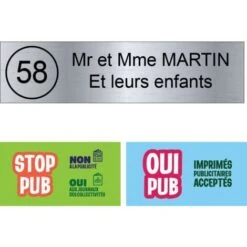 Plaque Boite Aux Lettres NUMERO Adhésive (100x25mm) Gris Argent Lettres Noires - 2 Lignes + Sticker Stop Pub