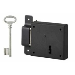 THIRARD - Serrure Horizontale En Applique à Clé Pour Porte De Cave, Pêne Seul, Gauche, Axe 50mm, 85x76mm, Noir, 1 Clé