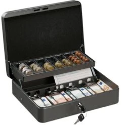 Relaxdays Caisse à Monnaie, Verrouillable, Monnayeur & 4 Compartiments à Billets, Fer, HLP 8,5 X 30,5 X 24,5 Cm, Gris