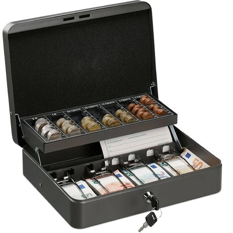 Relaxdays Caisse à Monnaie, Verrouillable, Monnayeur & 4 Compartiments à Billets, Fer, HLP 8,5 X 30,5 X 24,5 Cm, Gris 1 Relaxdays Caisse à Monnaie, Verrouillable, Monnayeur & 4 Compartiments à Billets, Fer, HLP 8,5 X 30,5 X 24,5 Cm, Gris