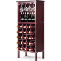 GOPLUS Casier A Vin, Avec 20 Emplacements Et Porte-gobelet, Etagere A Bouteille En Pin 42 X 24,5 X 96 CM Pour Cave, Collier, Cuisine, Salon, Chambre (Brun Fonce)
