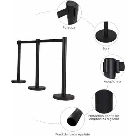 COSTWAY 4 Poteaux De Guidage Guide File Avec 2 Sangles Rétractable 2 M En Acier Inoxydable Pour Aéroport, Théâtres, Cinéma Noir 2 COSTWAY 4 Poteaux De Guidage Guide File Avec 2 Sangles Rétractable 2 M En Acier Inoxydable Pour Aéroport, Théâtres, Cinéma Noir – Image 2