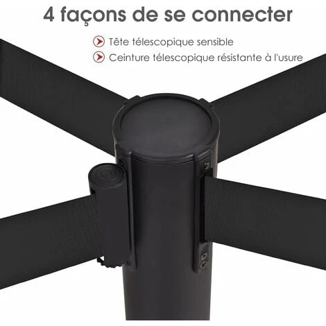 COSTWAY 4 Poteaux De Guidage Guide File Avec 2 Sangles Rétractable 2 M En Acier Inoxydable Pour Aéroport, Théâtres, Cinéma Noir 3 COSTWAY 4 Poteaux De Guidage Guide File Avec 2 Sangles Rétractable 2 M En Acier Inoxydable Pour Aéroport, Théâtres, Cinéma Noir – Image 3