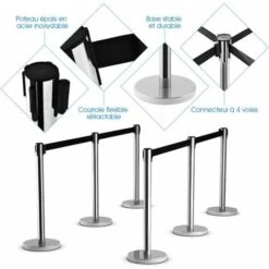 COSTWAY 6 Poteaux De Guidage Guide File Avec 3 Sangles Rétractable 2 M En Acier Inoxydable Pour Aéroport, Théâtres, Cinéma Noir -Promos Matériel Boutique 43227214 4