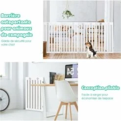 COSTWAY Barrière Autoportante Pour Chien 4 Panneaux En Bois Charnières Métalliques à 360° Sans Perçage Pour Maison Escaliers Blanc -Promos Matériel Boutique 44774413 4