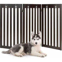 COSTWAY Barrière Autoportante Pour Chien 3 Panneaux En Bois Charnières Métalliques à 360° Sans Perçage Pour Maison Escaliers Marron