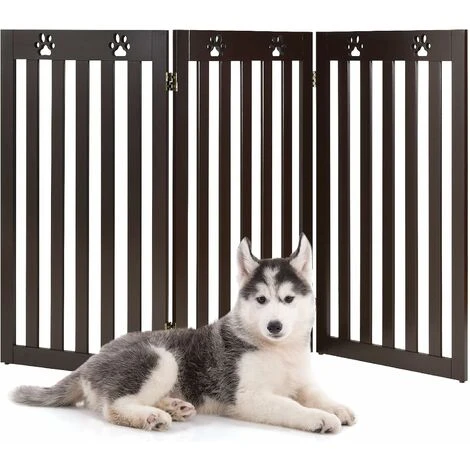 COSTWAY Barrière Autoportante Pour Chien 3 Panneaux En Bois Charnières Métalliques à 360° Sans Perçage Pour Maison Escaliers Marron 1 COSTWAY Barrière Autoportante Pour Chien 3 Panneaux En Bois Charnières Métalliques à 360° Sans Perçage Pour Maison Escaliers Marron