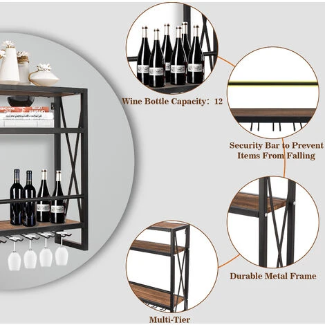 Etagère à Bouteille Mural Avec Casier En Verreen Bois Métal Range Bouteille Vin En 3 Etages Pour 12 Bouteilles De Vin Rack 2 Etagère à Bouteille Mural Avec Casier En Verreen Bois Métal Range Bouteille Vin En 3 Etages Pour 12 Bouteilles De Vin Rack – Image 2