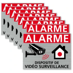 Autocollants Vidéo Surveillance, Dispositif Sous Vidéo Surveillance, Lot De 8 Adhésifs. Stickers Alarme Et Sécurité - Argent Brossé - 80 X 60 Mm