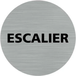 Pictogramme Escalier (Q0450). Autocollant Souple Effet Alu Brossé Ou Plaque De Porte Alu Brossé Ep 2mm Au Choix - Adhésif Aspect Aluminium Brossé - Diamètre 83 Mm