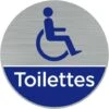 Pictogramme Toilettes Handicapés (Q0462). Autocollant Souple Effet Alu Brossé Ou Plaque De Porte Alu Brossé Ep 2mm Au Choix - Adhésif Aspect Aluminium Brossé - Diamètre 76 Mm
