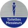 Pictogramme Toilettes Hommes (Q0465). Autocollant Souple Effet Alu Brossé Ou Plaque De Porte Alu Brossé Ep 2mm Au Choix - Adhésif Aspect Aluminium Brossé - Diamètre 76 Mm