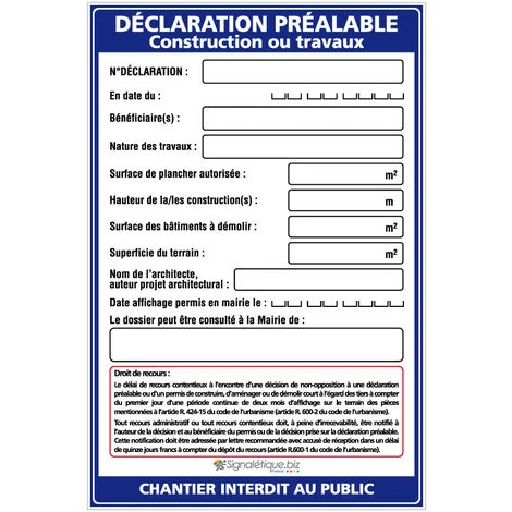 Panneau Déclaration Préalable Construction Ou Travaux + Marqueur Noir (W1033). Panneau Akylux 80 X 120 Cm - Avec Oeillets 1 Panneau Déclaration Préalable Construction Ou Travaux + Marqueur Noir (W1033). Panneau Akylux 80 X 120 Cm - Avec Oeillets