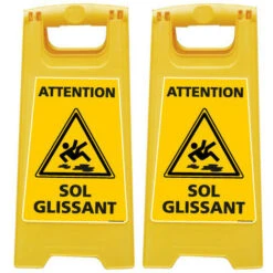 Lot De 2 Chevalets ATTENTION SOL GLISSANT (WPSG680I-X2). 2 Balises De Signalisation Pour Surface Glissante, De Couleur Jaune. 60 X 30 Cm
