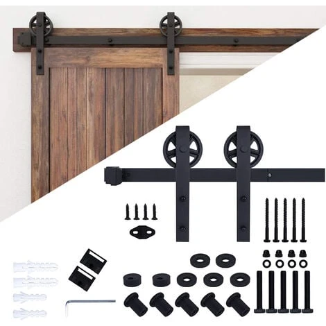 STOEX Quincaillerie Kit De Rail Roulettes Pour Porte Coulissante Hardware Ensemble Industriel Pour Simple Porte Suspendue En Bois Sliding Barn Door - 1.8M/6FT 1 STOEX Quincaillerie Kit De Rail Roulettes Pour Porte Coulissante Hardware Ensemble Industriel Pour Simple Porte Suspendue En Bois Sliding Barn Door - 1.8M/6FT