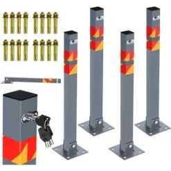 SWANEW 4 Kit Poteau De Délimitation 65cm Barrière De Parking Rabattable Bollard à Bétonner