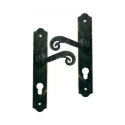 Poignée De Porte D'entrée En Fer Forgé Noir Patiné Sur Plaque Clé I Entraxe 195 Mm, SOLOGNE
