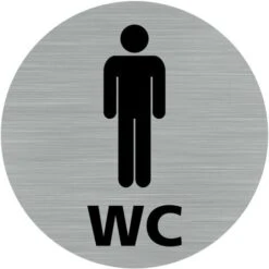 Pictogramme WC Homme (Q0420). Autocollant Souple Effet Alu Brossé Ou Plaque De Porte Alu Brossé Ep 2mm Au Choix - Adhésif Aspect Aluminium Brossé - Diamètre 76 Mm