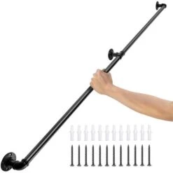 VEVOR Rampe Escalier Murale 1,52m Main Courante Acier Carbone Garde-Corps Metal Capacite Charge 200 Kg/Tube Rambarde En 2 Tubes 32 Mm 3 Supports Muraux Pour Enfants Personnes Agees Interieur Exterieur