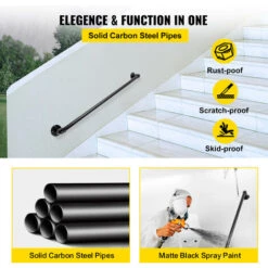 VEVOR Rampe Escalier Murale 0,9 M Main Courante Acier Carbone Garde-Corps En Metal Capacite Charge 200 Kg/Tube Rambarde En Tube 32 Mm 2 Supports Muraux Pour Enfants Personnes Agees Interieur Exterieur -Promos Matériel Boutique 69343255 4