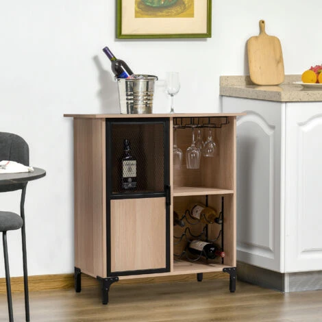 HOMCOM Meuble De Rangement Style Industriel Casier à Bouteilles Support Verres à Vin Placard étagère Acier Noir Aspect Chêne Clair 2 HOMCOM Meuble De Rangement Style Industriel Casier à Bouteilles Support Verres à Vin Placard étagère Acier Noir Aspect Chêne Clair – Image 2