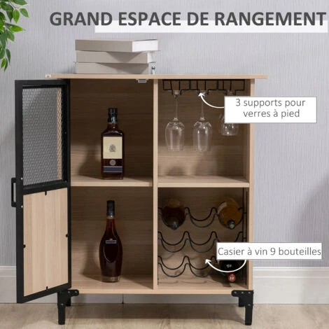 HOMCOM Meuble De Rangement Style Industriel Casier à Bouteilles Support Verres à Vin Placard étagère Acier Noir Aspect Chêne Clair 4 HOMCOM Meuble De Rangement Style Industriel Casier à Bouteilles Support Verres à Vin Placard étagère Acier Noir Aspect Chêne Clair – Image 4