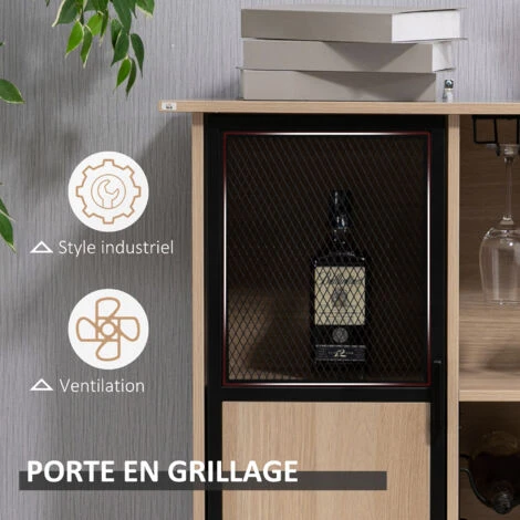 HOMCOM Meuble De Rangement Style Industriel Casier à Bouteilles Support Verres à Vin Placard étagère Acier Noir Aspect Chêne Clair 5 HOMCOM Meuble De Rangement Style Industriel Casier à Bouteilles Support Verres à Vin Placard étagère Acier Noir Aspect Chêne Clair – Image 5
