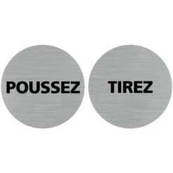 Pictogramme Tirez / Poussez - Lot De 2 (Q0439). Adhésif Effet Alu Brossé Ou Plaque Alu Brossé 2 Mm Au Choix - Adhésif Aspect Aluminium Brossé - Diamètre 76 Mm