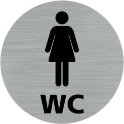 Pictogramme WC Femmes (Q0419). Autocollant Souple Effet Alu Brossé Ou Plaque De Porte Alu Brossé Ep 2mm Au Choix - Adhésif Aspect Aluminium Brossé - Diamètre 76 Mm