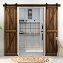 244cm Kit De Quincaillerie Porte Coulissante Kit Rail Porte De Grange Double Porte Suspendue Pour Chambre Garage -Promos Matériel Boutique 83899324 5