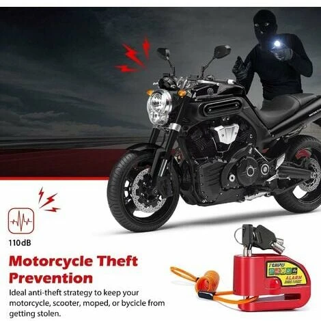Antivol Moto Bloque Disque Avec Alarme De 110dB, Antivol Scooter Bloc Disque Moto Alarme Pour Moto/Vélo/Scooter, 3 Clés, 1,5m Câble De Rappel, Rouge 2 Antivol Moto Bloque Disque Avec Alarme De 110dB, Antivol Scooter Bloc Disque Moto Alarme Pour Moto/Vélo/Scooter, 3 Clés, 1,5m Câble De Rappel, Rouge – Image 2