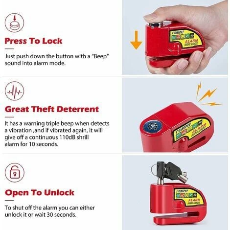 Antivol Moto Bloque Disque Avec Alarme De 110dB, Antivol Scooter Bloc Disque Moto Alarme Pour Moto/Vélo/Scooter, 3 Clés, 1,5m Câble De Rappel, Rouge 4 Antivol Moto Bloque Disque Avec Alarme De 110dB, Antivol Scooter Bloc Disque Moto Alarme Pour Moto/Vélo/Scooter, 3 Clés, 1,5m Câble De Rappel, Rouge – Image 4