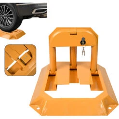 AUFUN Barrière De Stationnement Pliable, Serrure De Stationnement Avec 3 Clés, Verrouillable En Acier - Jaune