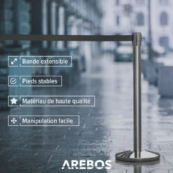 AREBOS 2x Poteaux De Guidage Avec Cordes, Noir, Barrières De Sécurité Argenté, Rétractable Barrière De Guidage -Promos Matériel Boutique 8826084 3