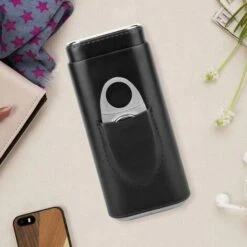 Étui à Cigares Avec Coupe-cigares Pour 3 Cigares Noirs, étui De Rangement Pour Cigares, Boîte En Cèdre En Bois De Cèdre Et Cuir, Pour Les Amis Des Pères, Outil De Voyage -Promos Matériel Boutique 90318032 4