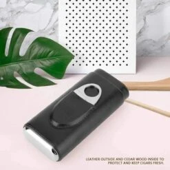 Étui à Cigares Avec Coupe-cigares Pour 3 Cigares Noirs, étui De Rangement Pour Cigares, Boîte En Cèdre En Bois De Cèdre Et Cuir, Pour Les Amis Des Pères, Outil De Voyage -Promos Matériel Boutique 90318032 5
