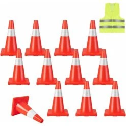 COSTWAY Lot De 12 Cônes De Signalisation Réfléchissant En PVC Hauteur 43cm Avec Gilet Jaune, Cône De Sécurité Marqueur Attention Sécurité Multi-usages, Orange + Argenté, 28 X 28 X 43cm