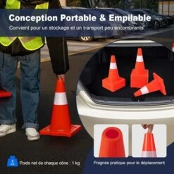 COSTWAY Lot De 12 Cônes De Signalisation Réfléchissant En PVC Hauteur 43cm Avec Gilet Jaune, Cône De Sécurité Marqueur Attention Sécurité Multi-usages, Orange + Argenté, 28 X 28 X 43cm -Promos Matériel Boutique 92686691 3