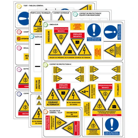 Etiquettes Photovoltaïques Kit De 65 Adhésifs Photovoltaïques + Notice De Pose (C1543). Signalisation Photovoltaïque Complète Conforme CONSUEL Et UTE C 15 712 1 Etiquettes Photovoltaïques Kit De 65 Adhésifs Photovoltaïques + Notice De Pose (C1543). Signalisation Photovoltaïque Complète Conforme CONSUEL Et UTE C 15 712
